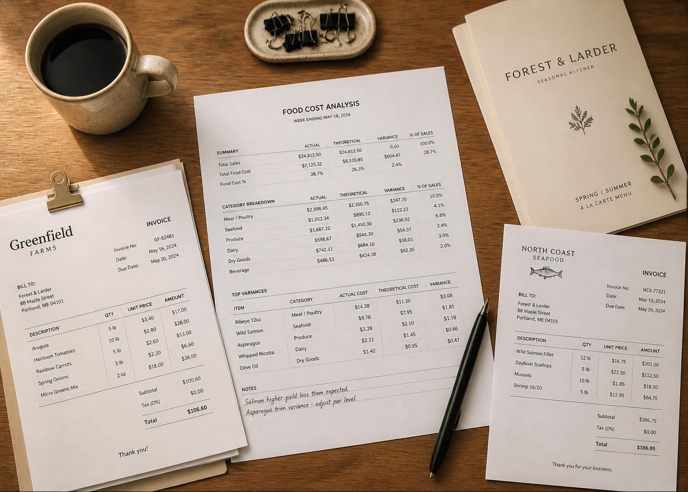 Restaurant back office desk with a food cost report, invoices, and a menu