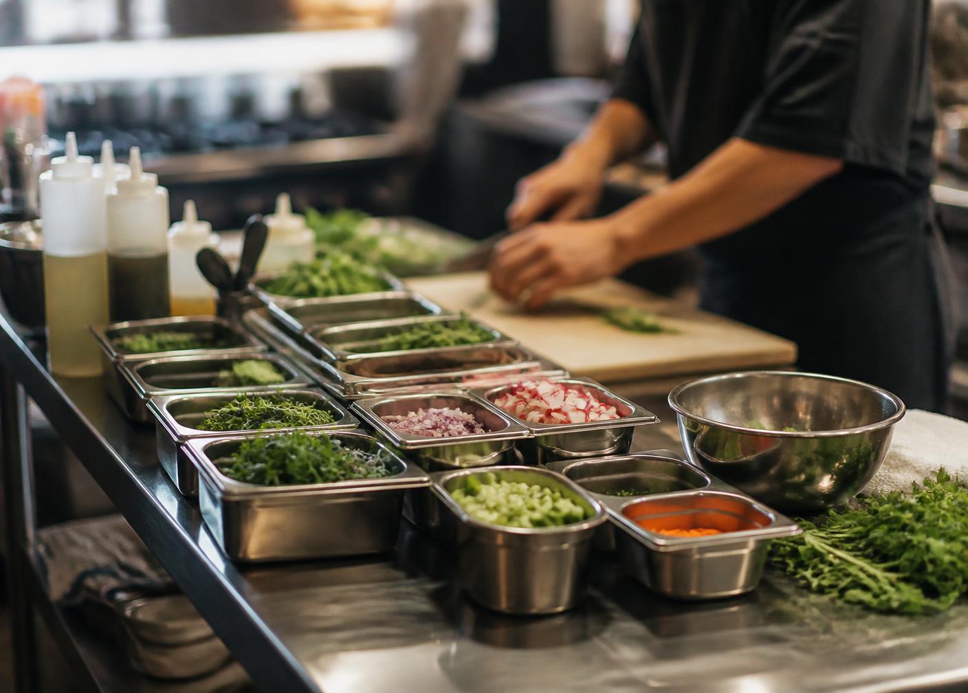 Mise en place containers organized on a stainless prep counter
