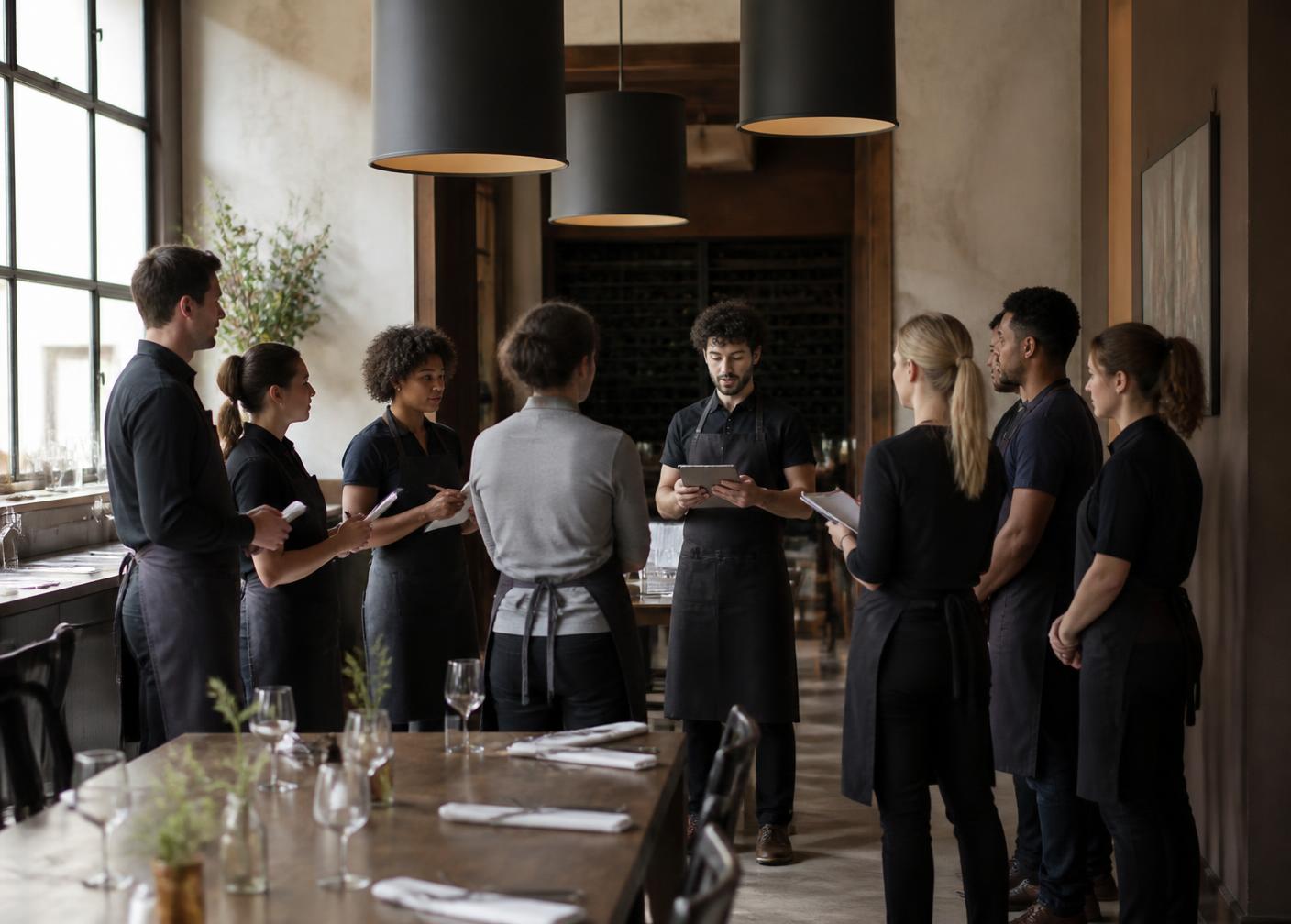 Restaurant team gathered for a pre-shift meeting in the dining room